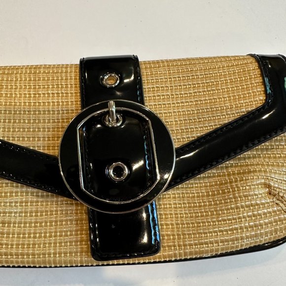 Ann Taylor Bag Clutch Wristlet Woven Wicker Black Patent Leather Classic Preppy - Picture 3 of 8